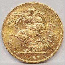 SOUTH AFRICA 1927 . ONE 1 SOVEREIGN . GOLD COIN . FULL DETAIL . FULL BRAID